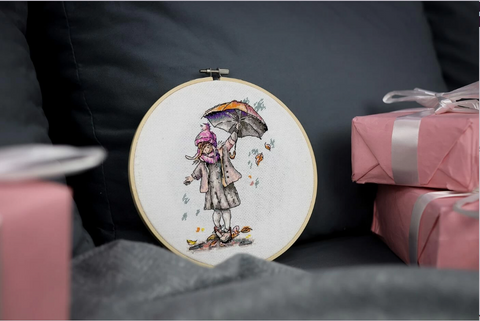 Rain Cross Stitch Embroidery Kit, Zolotoe Runo, 16 × 11.5 cm Multicolor Design with Canvas, Threads, Needle and Pattern