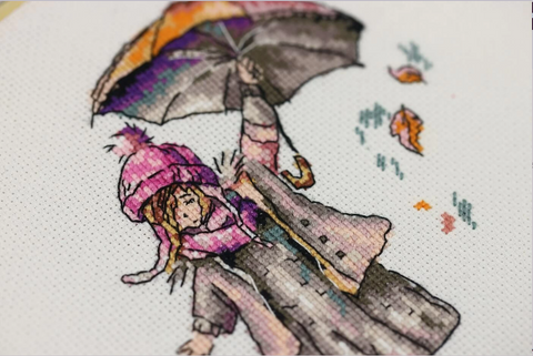 Rain Cross Stitch Embroidery Kit, Zolotoe Runo, 16 × 11.5 cm Multicolor Design with Canvas, Threads, Needle and Pattern