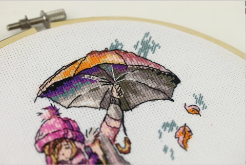 Rain Cross Stitch Embroidery Kit, Zolotoe Runo, 16 × 11.5 cm Multicolor Design with Canvas, Threads, Needle and Pattern