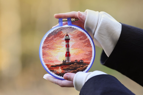 Cross Stitch Kit Lighthouse at Sunset, Zolotoe Runo, Aida Fabric, Embroidery Threads, Beginner-Friendly Landscape Design