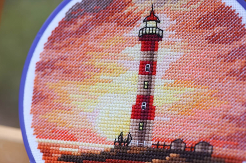 Cross Stitch Kit Lighthouse at Sunset, Zolotoe Runo, Aida Fabric, Embroidery Threads, Beginner-Friendly Landscape Design