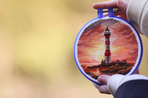 Cross Stitch Kit Lighthouse at Sunset, Zolotoe Runo, Aida Fabric, Embroidery Threads, Beginner-Friendly Landscape Design