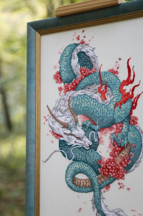 Counted Cross Stitch Kit Dragon and Sakura Design, Zolotoe Runo, Aida Canvas, Cotton Threads, Intermediate Multicolor Pattern