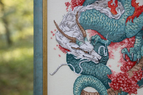 Counted Cross Stitch Kit Dragon and Sakura Design, Zolotoe Runo, Aida Canvas, Cotton Threads, Intermediate Multicolor Pattern