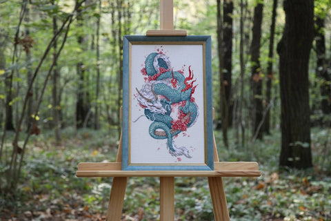 Counted Cross Stitch Kit Dragon and Sakura Design, Zolotoe Runo, Aida Canvas, Cotton Threads, Intermediate Multicolor Pattern