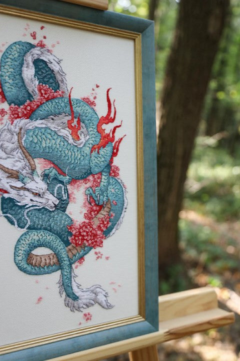 Counted Cross Stitch Kit Dragon and Sakura Design, Zolotoe Runo, Aida Canvas, Cotton Threads, Intermediate Multicolor Pattern
