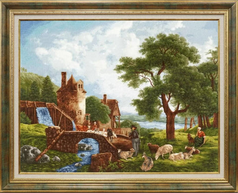 Cross Stitch Kit Watermill Landscape, Aida Canvas, Cotton Floss, Multicolor Pattern, Zolotoe Runo DIY Embroidery Set