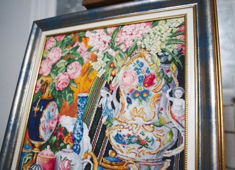 Cross Stitch Embroidery Kit with Porcelain and Flowers Design, Zolotoe Runo, Aida Fabric, Cotton Threads, Intermediate Level