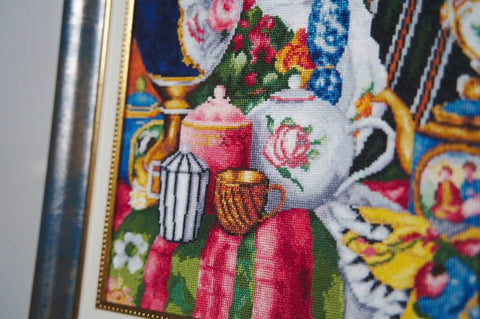 Cross Stitch Embroidery Kit with Porcelain and Flowers Design, Zolotoe Runo, Aida Fabric, Cotton Threads, Intermediate Level