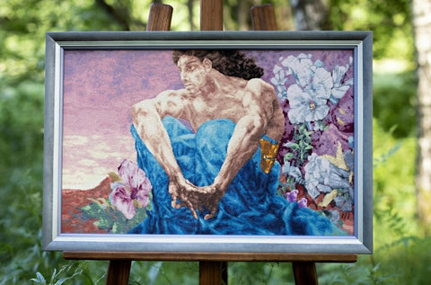 Counted Cross Stitch Kit, Demon Seated 1890 Classic Art Reproduction, Zolotoe Runo, Fabric, Threads, Needle, Chart and Instructions