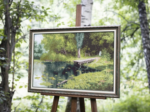 Counted Cross Stitch Kit, Overgrown Pond 1879 Landscape, Aida Fabric, Cotton Floss, Zolotoe Runo, Intermediate Embroidery Set