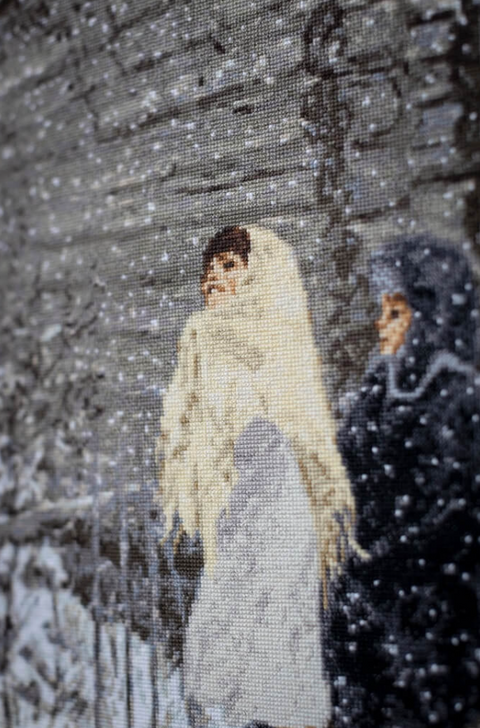 Counted Cross Stitch Kit “First Snow” Winter Landscape, 50 x 63 cm, Zolotoe Runo, Zweigart Canvas, Madeira Threads