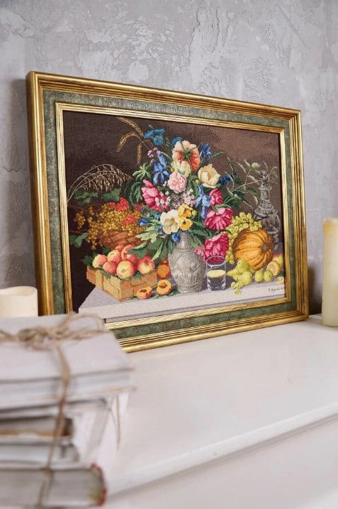 Cross Stitch Embroidery Kit Flowers and Fruit, Zolotoe Runo, Cotton Aida Fabric, Threads, Needle and Chart