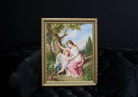 Cross Stitch Kit Woman and Cupid 1792, Zolotoe Runo, 18 Count Cream Aida, 86 Colors, 41 x 51.8 cm