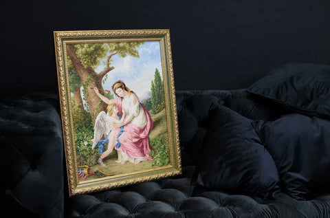 Cross Stitch Kit Woman and Cupid 1792, Zolotoe Runo, 18 Count Cream Aida, 86 Colors, 41 x 51.8 cm