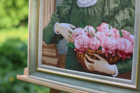 Cross Stitch Embroidery Kit with Peony Floral Design, Zolotoe Runo, 32 x 42 cm, Multicolor Cotton Threads, Canvas and Needle