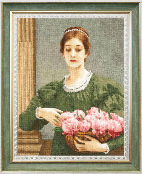 Cross Stitch Embroidery Kit with Peony Floral Design, Zolotoe Runo, 32 x 42 cm, Multicolor Cotton Threads, Canvas and Needle