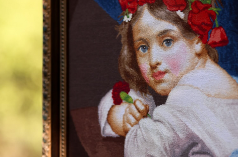 Cross Stitch Embroidery Kit, Girl with Poppy Wreath and Carnation, Multicolor Natural Shades, Zolotoe Runo DIY Craft Set