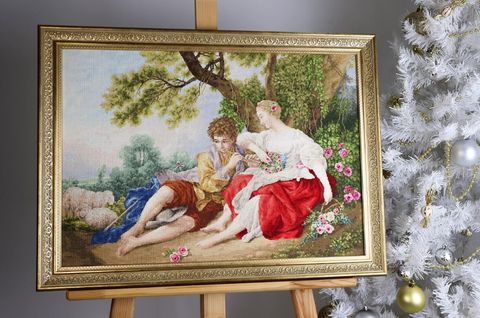 Romantic Cross Stitch Kit, Shepherd Playing Flute for Shepherdess, Zolotoe Runo, Aida Fabric, Cotton Threads, Rural Scene Art