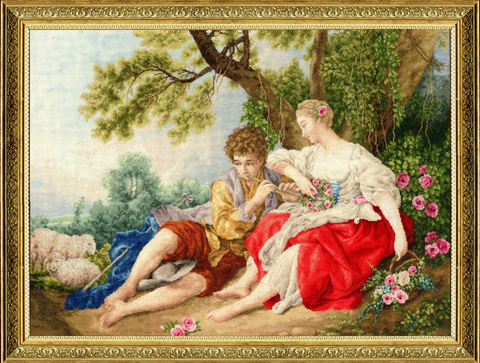 Romantic Cross Stitch Kit, Shepherd Playing Flute for Shepherdess, Zolotoe Runo, Aida Fabric, Cotton Threads, Rural Scene Art