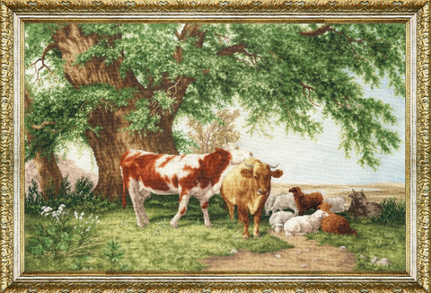 Cross Stitch Kit, Herd Under the Trees Landscape, Aida Canvas, Cotton Threads, Zolotoe Runo