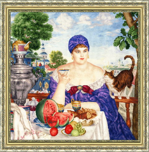 Counted Cross Stitch Kit Merchant by Tea, 55.5 x 55 cm, 140 Colors, Zweigart Canvas, Madeira Threads, Zolotoe Runo