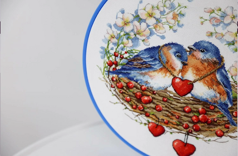Cross Stitch Kit with Birds in Nest Design, 30 x 30 cm, Zolotoe Runo, Cotton Aida, Threads, Needle and Chart