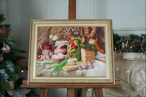 Counted Cross Stitch Kit, Rustic Still Life Design, Zolotoe Runo, Aida Fabric, Cotton Threads, Multicolor Earth Tones