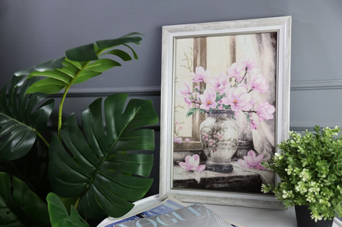 Magnolia Cross Stitch Embroidery Kit, Zolotoe Runo, Floral Wall Decor, Canvas, Threads, Needle, Pattern and Instructions