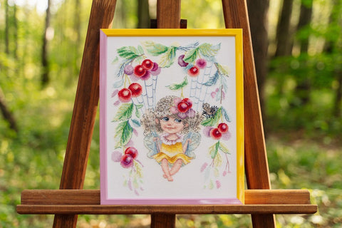 Cross Stitch Embroidery Kit with Cherry Fairy Design, Pattern, Fabric, Threads, Needle & Instructions | Zolotoe Runo