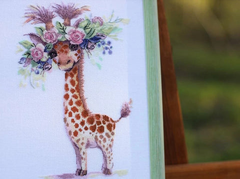 Cross Stitch Kit Giraffe and Rose with Aida Fabric, Cotton Threads, Needle and Color Chart by Zolotoe Runo