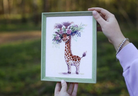 Cross Stitch Kit Giraffe and Rose with Aida Fabric, Cotton Threads, Needle and Color Chart by Zolotoe Runo