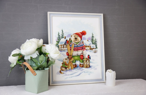Cross Stitch Kit Funny Skier Design, Zolotoe Runo, Zweigart White Canvas, Madeira Threads, 28.5 x 36.5 cm, 44 Colors