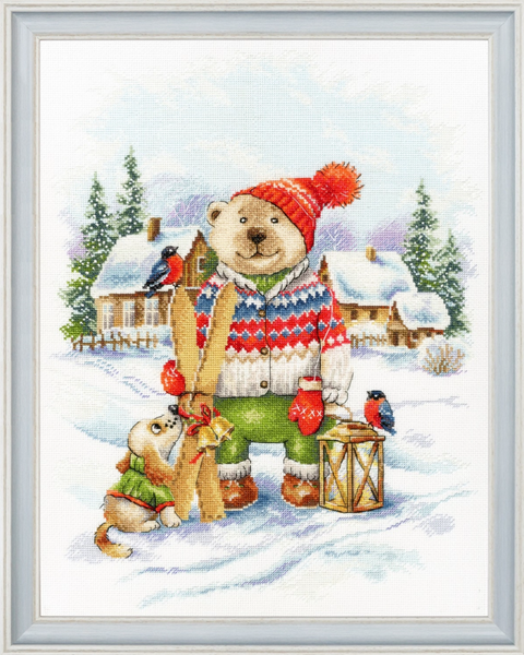 Cross Stitch Kit Funny Skier Design, Zolotoe Runo, Zweigart White Canvas, Madeira Threads, 28.5 x 36.5 cm, 44 Colors