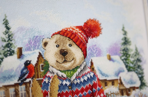 Cross Stitch Kit Funny Skier Design, Zolotoe Runo, Zweigart White Canvas, Madeira Threads, 28.5 x 36.5 cm, 44 Colors