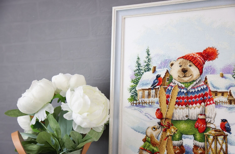 Cross Stitch Kit Funny Skier Design, Zolotoe Runo, Zweigart White Canvas, Madeira Threads, 28.5 x 36.5 cm, 44 Colors