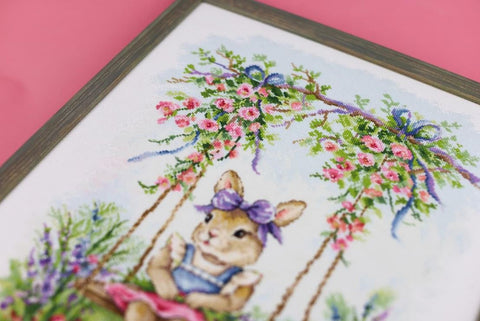 Cross Stitch Kit Bunny on a Swing, Zolotoe Runo, Aida 16 Canvas, Madeira Threads, 39 Colors, 27.3 x 37.7 cm