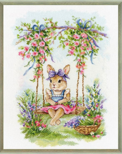 Cross Stitch Kit Bunny on a Swing, Zolotoe Runo, Aida 16 Canvas, Madeira Threads, 39 Colors, 27.3 x 37.7 cm