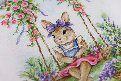 Cross Stitch Kit Bunny on a Swing, Zolotoe Runo, Aida 16 Canvas, Madeira Threads, 39 Colors, 27.3 x 37.7 cm