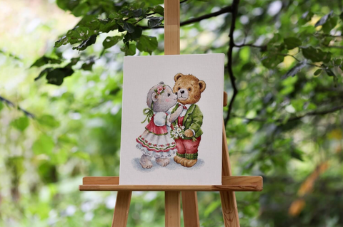 Teddy Bear Cross Stitch Kit, Counted Pattern with Zweigart 16-Count Cream Canvas, Madeira Threads, 33 Colors, 22.5 x 29.5 cm