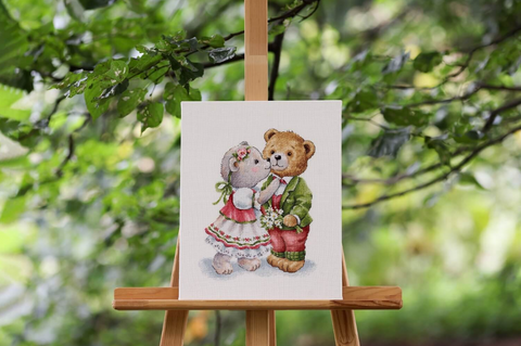 Teddy Bear Cross Stitch Kit, Counted Pattern with Zweigart 16-Count Cream Canvas, Madeira Threads, 33 Colors, 22.5 x 29.5 cm