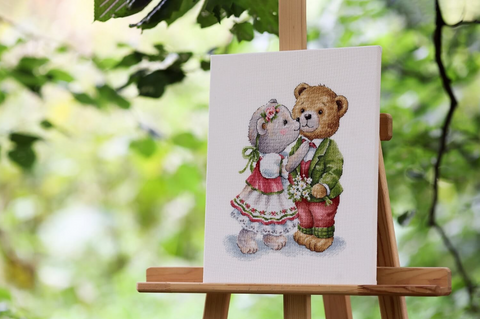 Teddy Bear Cross Stitch Kit, Counted Pattern with Zweigart 16-Count Cream Canvas, Madeira Threads, 33 Colors, 22.5 x 29.5 cm