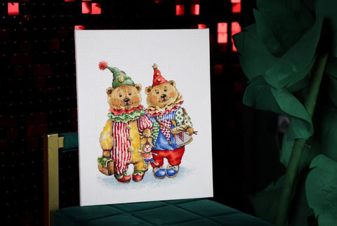 Cross Stitch Kit with Clown Teddy Bears, 42 Colors, Zolotoe Runo, Aida 16 Cream Canvas, 24.3 x 29.3 cm, Nursery Decor