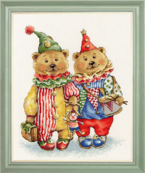 Cross Stitch Kit with Clown Teddy Bears, 42 Colors, Zolotoe Runo, Aida 16 Cream Canvas, 24.3 x 29.3 cm, Nursery Decor