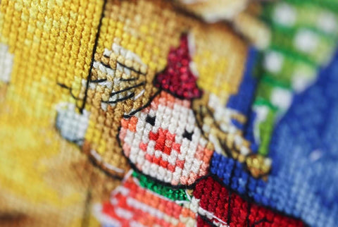 Cross Stitch Kit with Clown Teddy Bears, 42 Colors, Zolotoe Runo, Aida 16 Cream Canvas, 24.3 x 29.3 cm, Nursery Decor