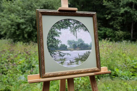 Counted Cross Stitch Kit Lake Landscape Embroidery, Zolotoe Runo, Blue and Green Tones, Cotton Threads, Needle and Pattern