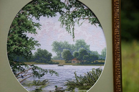Counted Cross Stitch Kit Lake Landscape Embroidery, Zolotoe Runo, Blue and Green Tones, Cotton Threads, Needle and Pattern