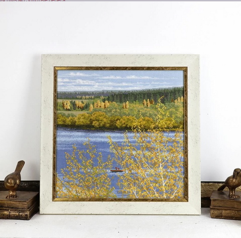 Cross Stitch Kit The Golden Shores Seascape, 36.8 × 36.8 cm Square Embroidery Set, Multicolor, Zolotoe Runo