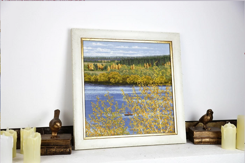 Cross Stitch Kit The Golden Shores Seascape, 36.8 × 36.8 cm Square Embroidery Set, Multicolor, Zolotoe Runo