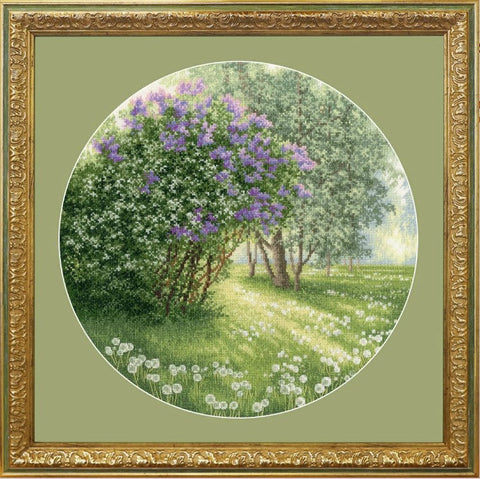 Cross Stitch Embroidery Kit with Blooming Lilac Floral Motif, Zolotoe Runo, Aida Canvas, Cotton Threads, Beginner Friendly